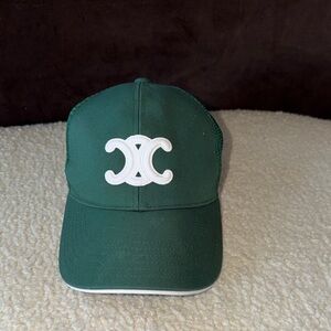 CELINE Pine Green Triomphe Trucker Cotton Baseball Cap Hat